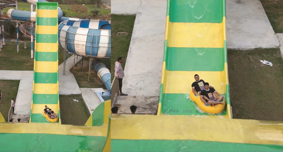 Mini Pendulam - A high thrill float slide which has a crescent moon shape curve which merges the thrill of freefall and uphill movement in oscillating sequence.